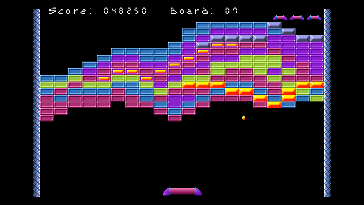 Classic presentation, board 7 of TheOriginal: the original Amiga pixel art, a stepped wall of blue, purple, pink and green bricks rising to the right, with the ball below and the paddle at the bottom.