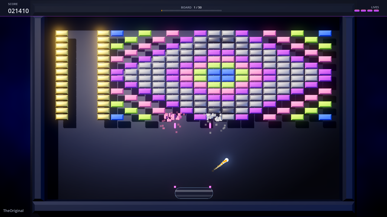 Modern, board 1 of TheOriginal: two laser bolts fired from the paddle's cannons break bricks at the base of a wide wall of pink, silver, purple and green bricks, beside a column of gold, as the ball flies up with an orange trail.