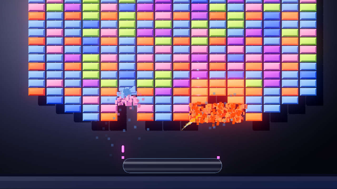Modern, board 7 of MB30, detail crop: in a dense mosaic of blue, pink, green and orange bricks, a burst of orange chips glows under exploding bricks that are still burning as the ball flies into it, a brick to the left breaks into blue and pink shards, and a laser bolt leaves the paddle's left cannon.