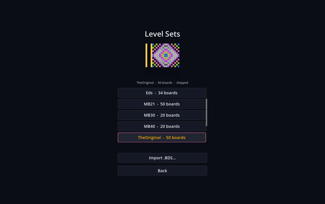 The Level Sets screen: shipped sets with their board counts, a thumbnail of the first board, and Import .BDS.