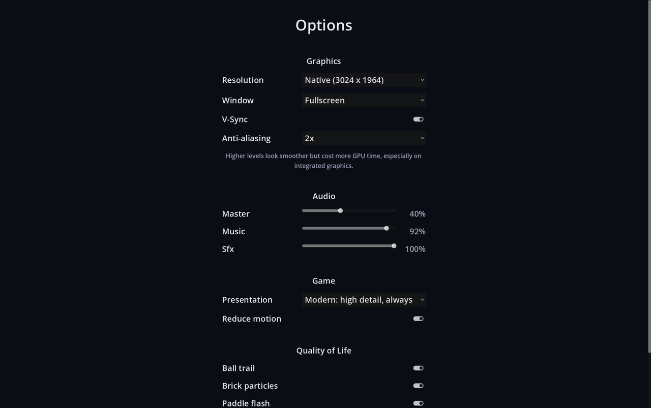 The Options screen: resolution, window, V-Sync, anti-aliasing, audio volumes, presentation, reduce motion and quality-of-life switches.