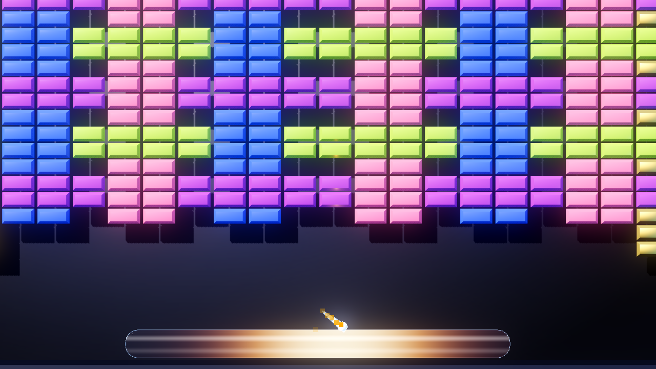 Modern, board 11 of MB21, detail crop: the ball lands on the widest paddle and its band flashes warm white, under a plaid of pink, purple, blue and green bricks.