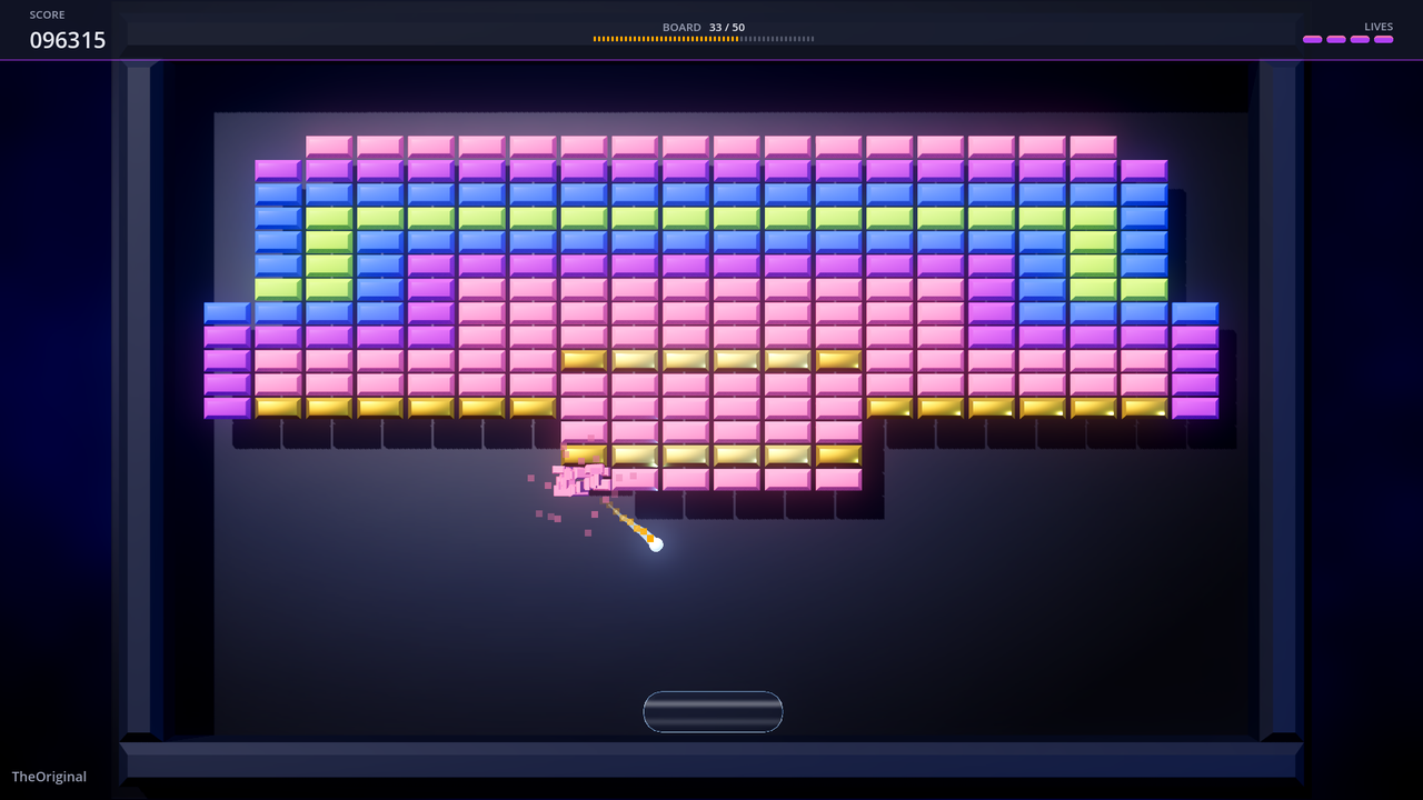 Modern, board 33 of TheOriginal: rows of lit pink, blue, green, purple and gold 3D bricks, with the ball trailing orange sparks away from a pink brick bursting into particles.