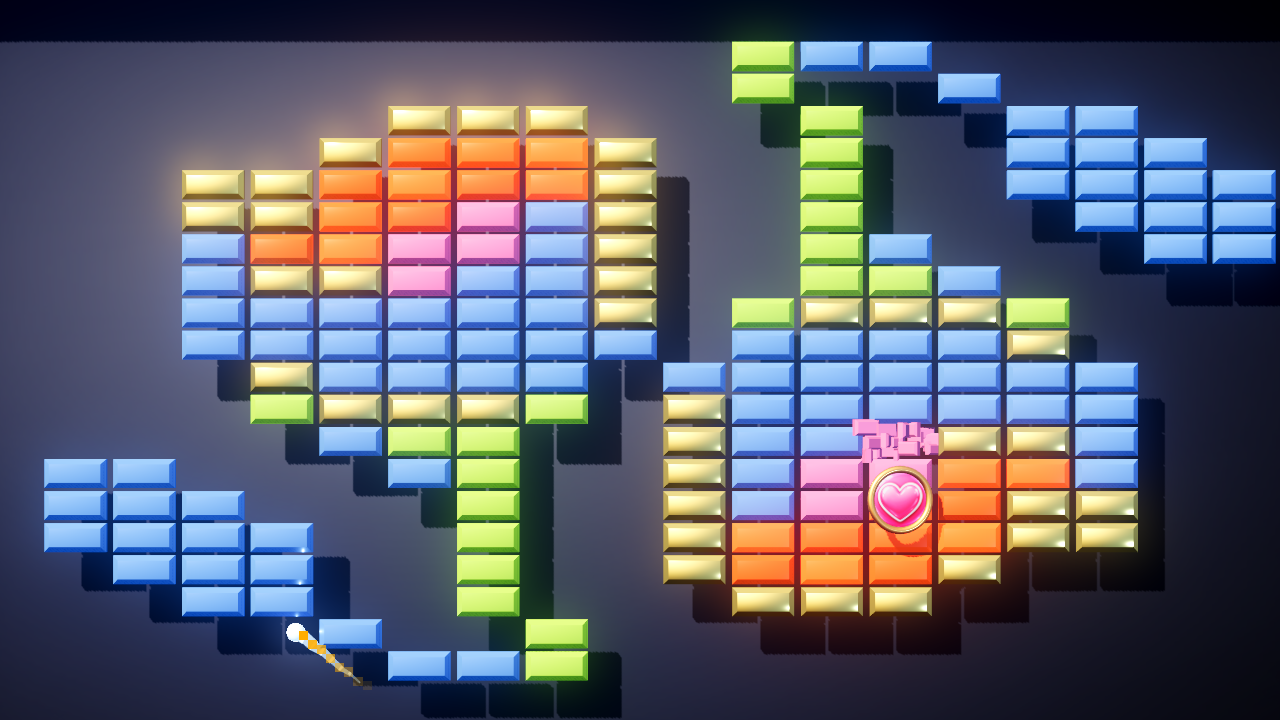 Modern, board 8 of MB30, detail crop: two stemmed figures of blue, orange, pink and gold bricks, a Get a Life token with a gold 3D rim falling from a pink brick in front of the right figure's orange and gold bricks, and the ball trailing sparks past the stem of the left one.