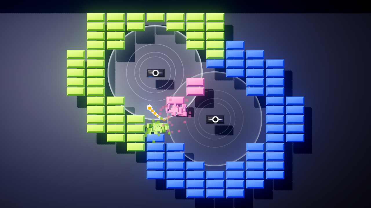 Modern, Twin Wells from the Quasar set, detail crop: two Singularity wells with overlapping circular fields inside a figure eight of green and blue bricks, and the ball flying on after breaking a pink brick where the fields cross, with pink and green shards behind it.